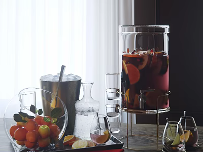 Ceramic Serveware Display With Fresh Fruit And Refreshing Beverage Fruit Slices And Bright Lighting Setup 3d model
