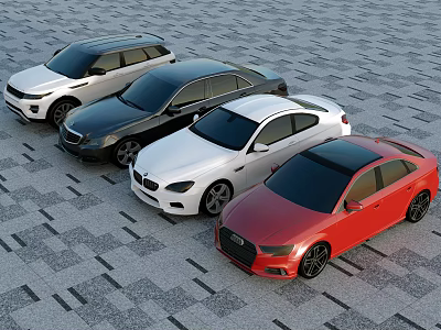 Four Various Colored Cars Including SUV And Sedans On Checkerboard Pavement 3d model