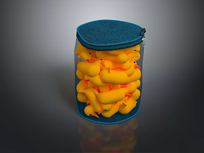 Blue Mesh Storage Bag Filled With Yellow Rubber Duck Toys 3d model