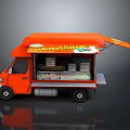 Orange Food Truck With Open Side Door And Food Display Trays