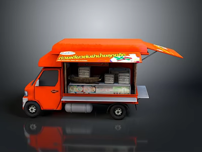 Orange Food Truck With Open Side Door And Food Display Trays 3d model