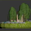 Whimsical Cartoon Scene with Cottage Weeping Willow Trees Waterfall Blue Car and Green Lawn