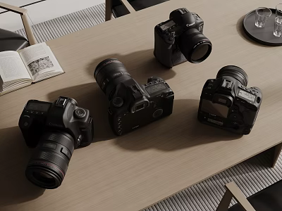 Digital Cameras Displayed On Wooden Table With Book 3d model