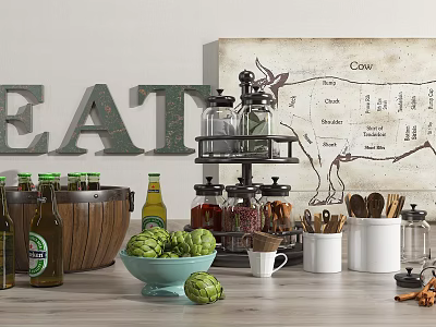 Stylish Kitchen Counter With Organized Utensils Spice Rack And Avocado Bowl 3d model