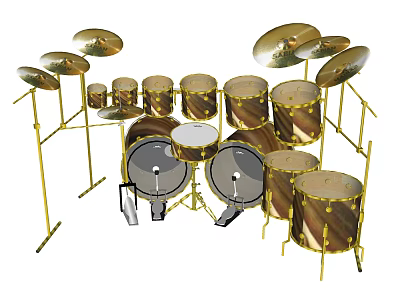 Golden Musical Instrument Drum Set With Multiple Drums Cymbals And Stands 3d model