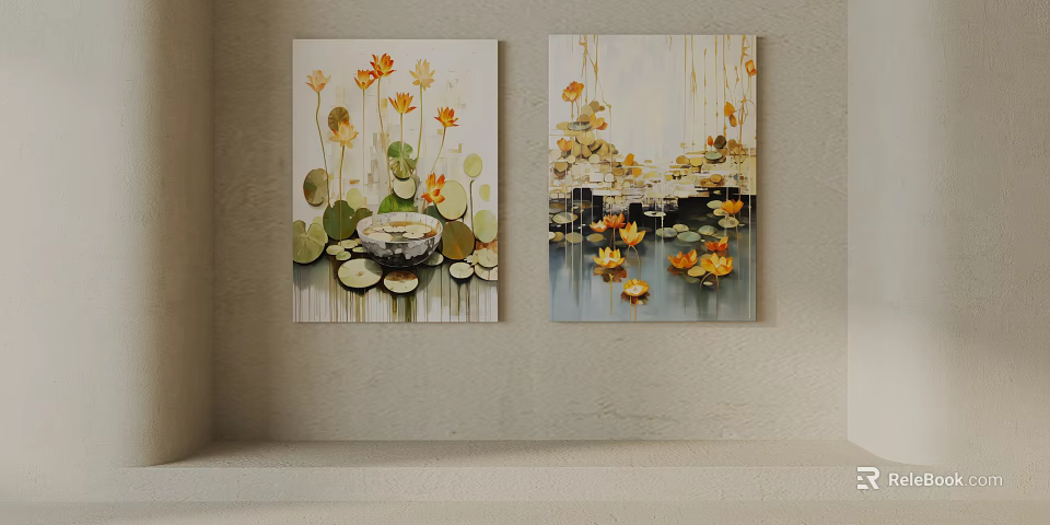 Botanical Paintings With Yellow Flowers Green Leaves And Water Reflections On Wall 3d model 