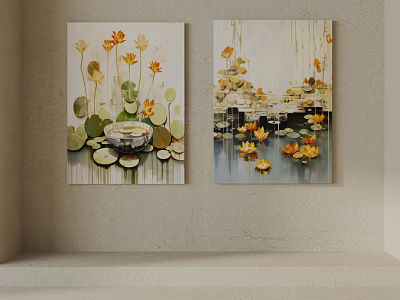 Botanical Paintings With Yellow Flowers Green Leaves And Water Reflections On Wall 3d model