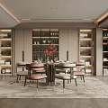 Elegant Modern Restaurant Interior With Round Dining Table Decorative Chairs And Wooden Bookshelves