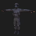 Man In Black Tactical Uniform With Helmet Mask And Arms Outstretched