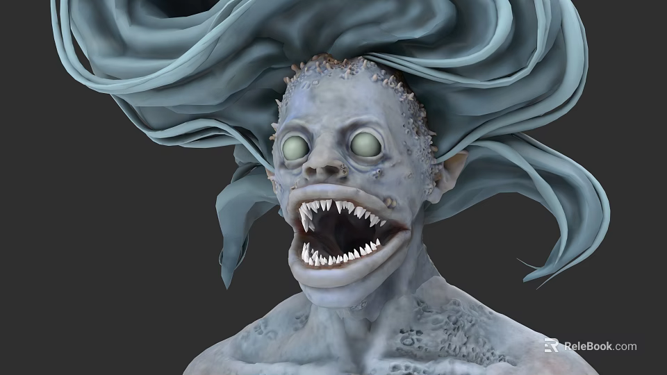 Grotesque Mythical Creature With Flowing Blue Hair Bulging Green Eyes And Sharp Teeth 3d model 