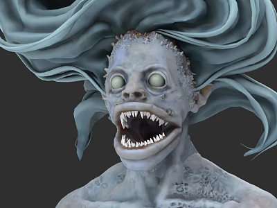 Grotesque Mythical Creature With Flowing Blue Hair Bulging Green Eyes And Sharp Teeth 3d model