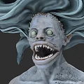 Grotesque Mythical Creature With Flowing Blue Hair Bulging Green Eyes And Sharp Teeth