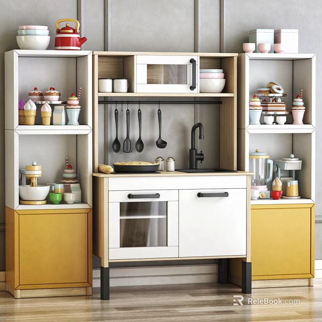 Yellow And White Kitchen Cabinets With Microwave Spatulas Bowls And Blender 3d model 