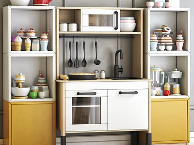Yellow And White Kitchen Cabinets With Microwave Spatulas Bowls And Blender 3d model