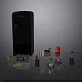 Black Smeg Refrigerator With Kitchen Appliances Red Blender Coffee Maker Knives And Spice Bottles
