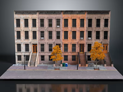 Row of Townhouses Exterior with Multiple Windows Doors Stairs and Yellow Trees 3d model