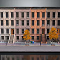 Row of Townhouses Exterior with Multiple Windows Doors Stairs and Yellow Trees