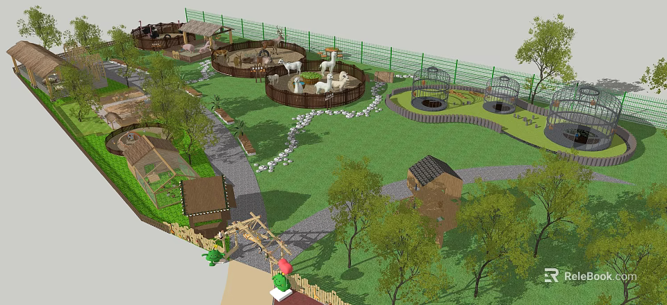 Zoo Park Layout Featuring Animal Enclosures Green Lawn Pathways And Trees 3d model 