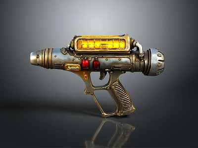 Retro Futuristic Sci Fi Weapon With Gold Silver Metallic Finish And Yellow Glowing Panel 3d model