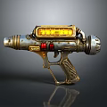 Retro Futuristic Sci Fi Weapon With Gold Silver Metallic Finish And Yellow Glowing Panel