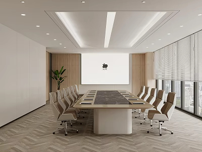 Modern Conference Room Interior With Long Table Comfortable Chairs Large Screen Windows And Plant 3d model
