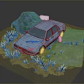 Abandoned Blue Car Surrounded By Overgrown Weeds And Stones On Weathered Ground