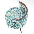 Floral Pattern Accent Chair In Blue Green White With Tufted Back And Curved Wooden Legs