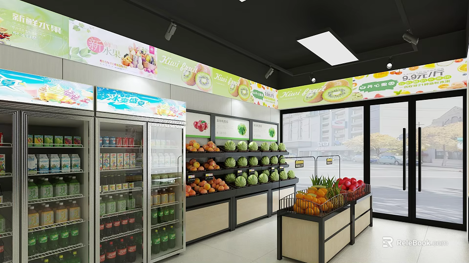 Fresh Fruit Store Interior With Refrigerators Fruit Shelves And Various Fruits 3d model 
