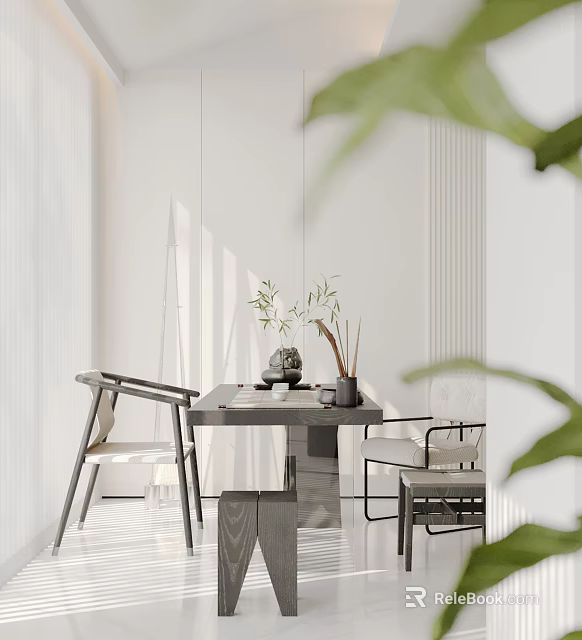 Modern Tea Room Interior With Gray Table Chairs Green Plants Tea Sets And Natural Light 3d model