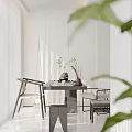 Modern Tea Room Interior With Gray Table Chairs Green Plants Tea Sets And Natural Light 3d model
