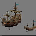 Detailed Large and Small Wooden Ship Models with Masts Sails and Flags