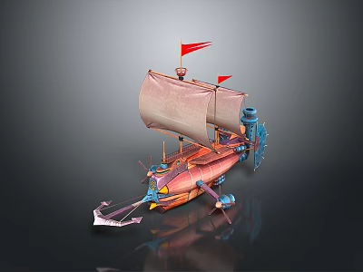 Detailed Decorative Ship Model With Sail Red Flags Paddle Wheel And Colorful Design 3d model