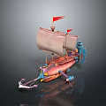 Detailed Decorative Ship Model With Sail Red Flags Paddle Wheel And Colorful Design