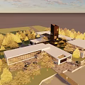 Modern Waterfront Sales Office Building With Glass Facade Outdoor Terrace And Trees