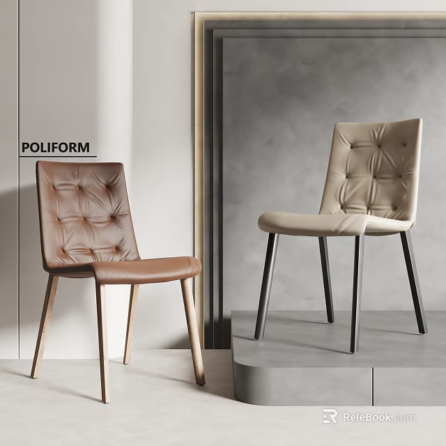 Stylish Leather Dining Chairs With Tufted Design Brown And Beige Wooden And Metal Legs 3d model 
