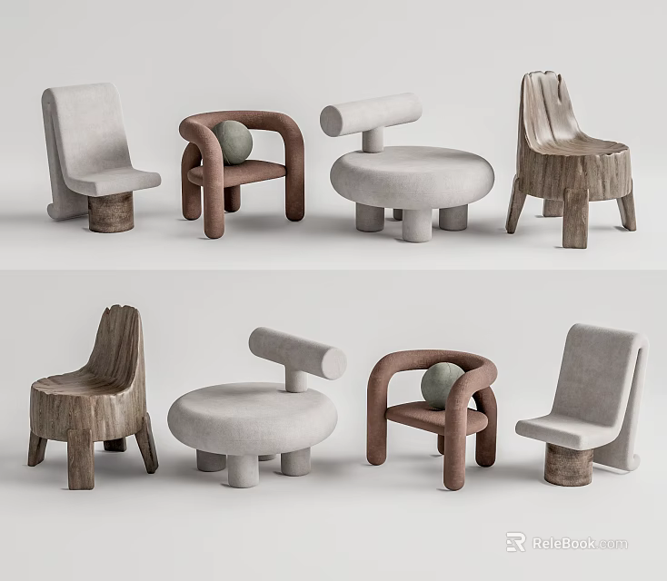 Stylish Leisure Chairs With Unique Designs Wooden Legs And Gray Upholstered Seats 3d model 