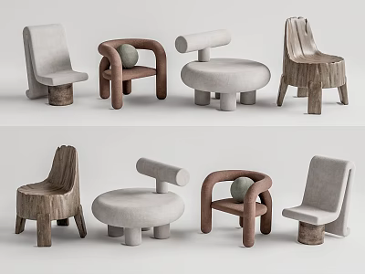 Stylish Leisure Chairs With Unique Designs Wooden Legs And Gray Upholstered Seats 3d model
