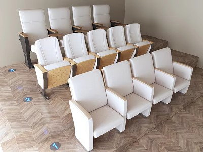 White Public Chairs With Wooden Legs Arranged On Indoor Wooden Floor With Blue Signs 3d model