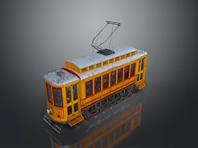 Vintage Yellow Tram Train With White Roof And Overhead Wire On Tracks 3d model