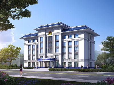White Public Building with Blue Roof Emblem Trees Flowers and People Walking Around 3d model