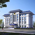 White Public Building with Blue Roof Emblem Trees Flowers and People Walking Around