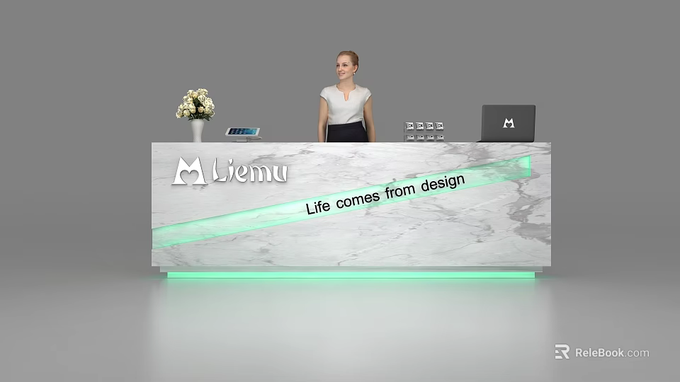 Modern Marble Reception Desk With Green Lighting Flower Vase Tablet And Laptop 3d model 