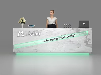 Modern Marble Reception Desk With Green Lighting Flower Vase Tablet And Laptop 3d model