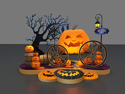 Halloween Decorative Display With Jack O Lanterns Wooden Barrel Spooky Tree And Street Lamp 3d model