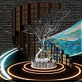 Art Installation Featuring Spiral Bookshelf With Books White Tree And Landscape Mural