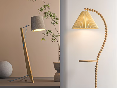 Modern Floor Lamp With Wooden Frame Gray Shade And Beaded Striped Lampshade 3d model
