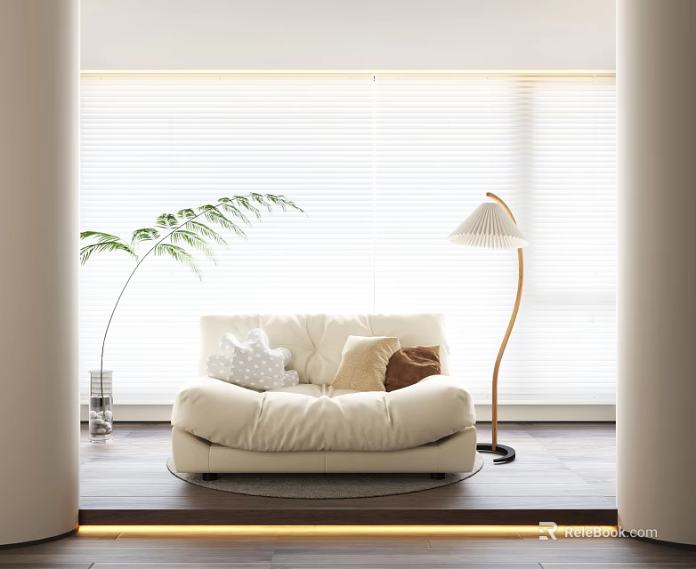 Modern Living Room Interior With Comfortable Beige Lazy Sofa And Soft Pillows 3d model 