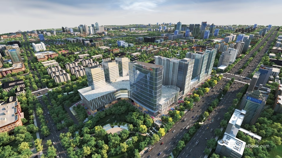 Modern Urban Planning Aerial View With High Rise Buildings Green Spaces And Road Networks 3d model 