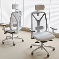 Modern White Mesh Office Chair With Adjustable Headrest And Armrests On Wheels