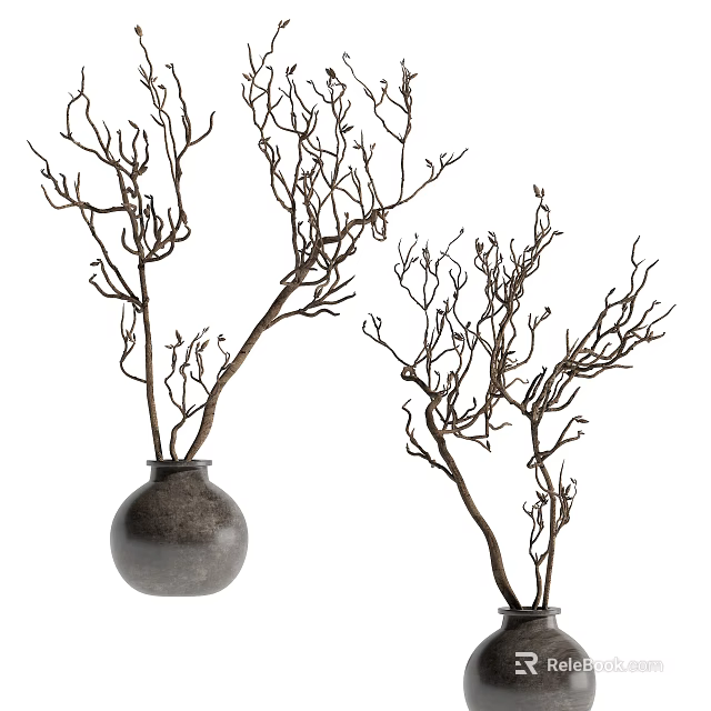Dried Branch Decorations in Dark Vases for Home Interior Design 3d model